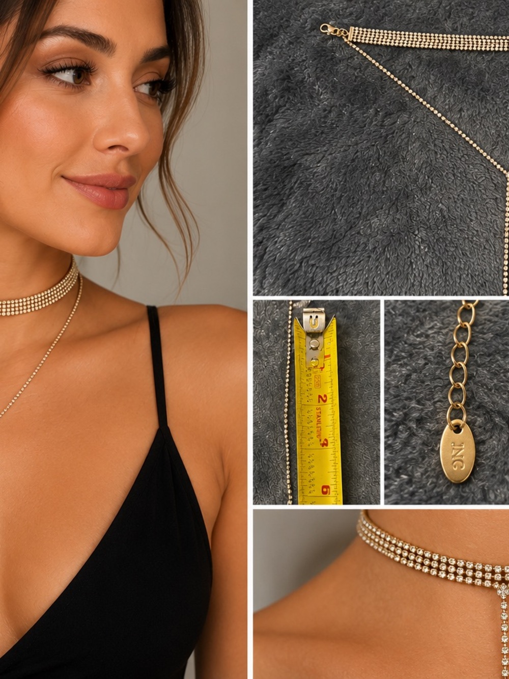 INC Gold Rhinestone Adjustable Y Choker Necklace Statement Evening Wedding